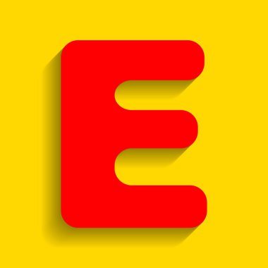 E harfinin işareti şablon öğesi tasarım. Vektör. Altın arka plan üzerinde yumuşak gölge ile kırmızı simge.