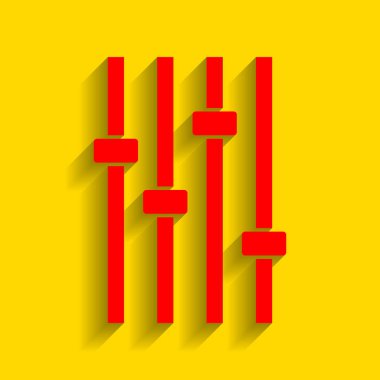 Ayarlama müzik çizgi işareti. Vektör. Altın arka plan üzerinde yumuşak gölge ile kırmızı simge.