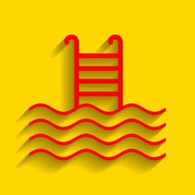 Yüzme Havuzu işareti. Vektör. Altın arka plan üzerinde yumuşak gölge ile kırmızı simge.