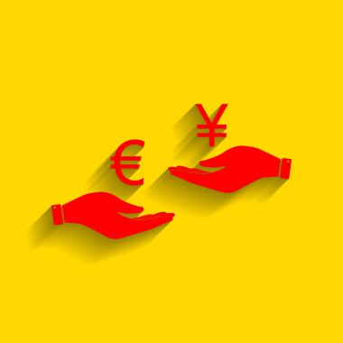 El el üzerinden Döviz Alım Satım. Euro ve Yen. Vektör. Altın arka plan üzerinde yumuşak gölge ile kırmızı simge.