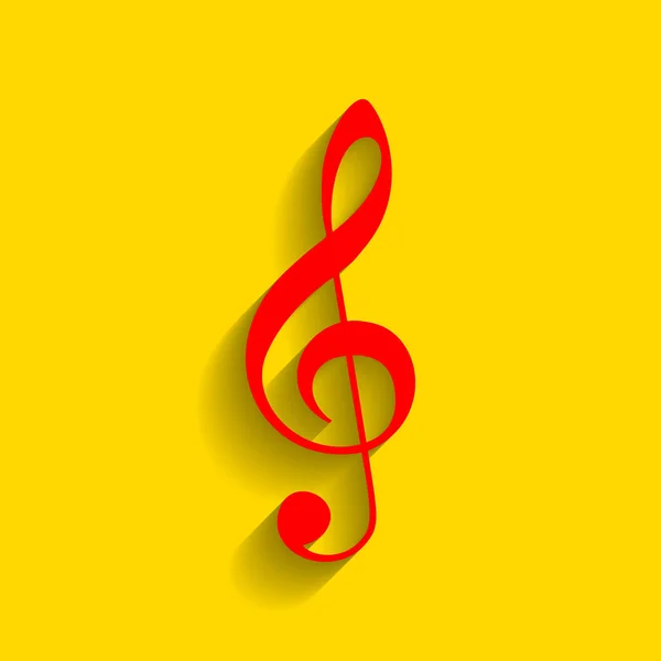 Señal de clave de violín musical. G-clave. Una clave triple. Vector. Icono rojo con sombra suave sobre fondo dorado . — Archivo Imágenes Vectoriales