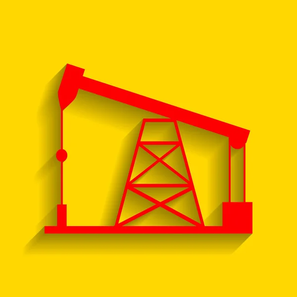 石油掘削リグのサイン。ベクトル。金色の背景にソフト シャドウの付いた赤いアイコン. — ストックベクタ