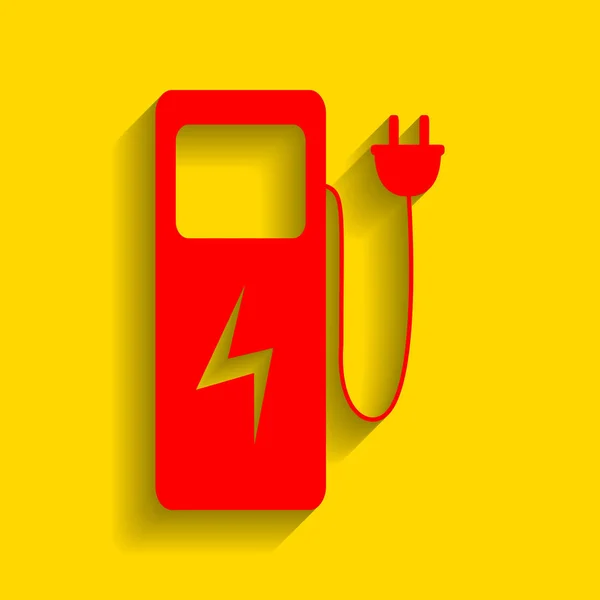 Señal de la estación de carga del coche eléctrico. Vector. Icono rojo con sombra suave sobre fondo dorado . — Vector de stock