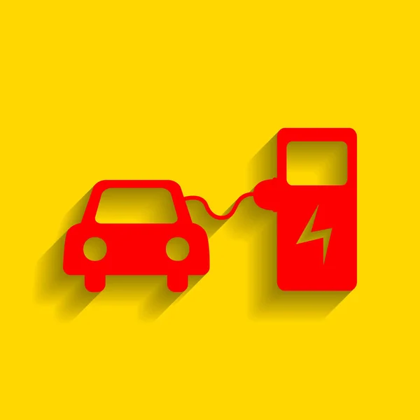 Cartel de carga de batería de coche eléctrico. Vector. Icono rojo con sombra suave sobre fondo dorado . — Vector de stock