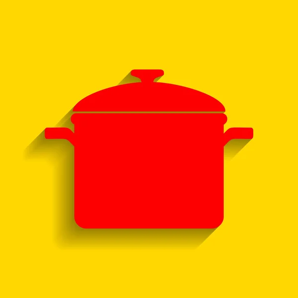 Cooking pan sign. Vector. Red icon with soft shadow on golden background. — Stock Vector