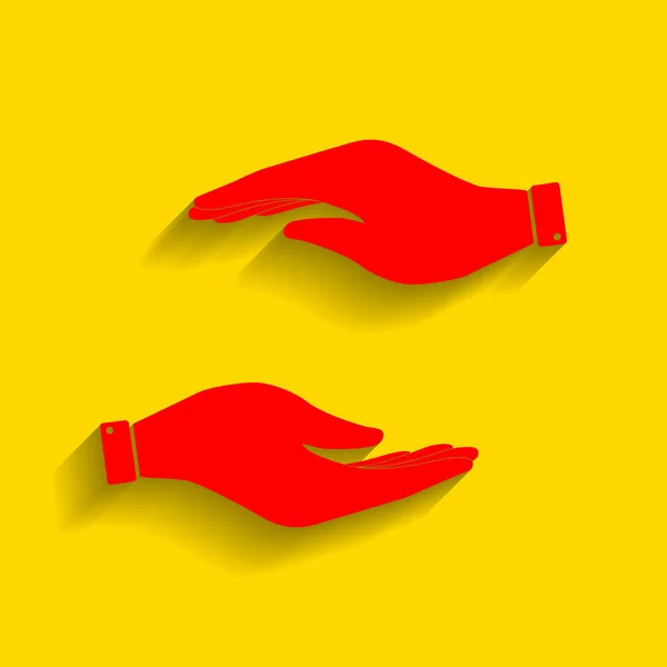 Hand tecken illustration. Vektor. Röd ikon med mjuk skugga på gyllene bakgrund. — Stock vektor