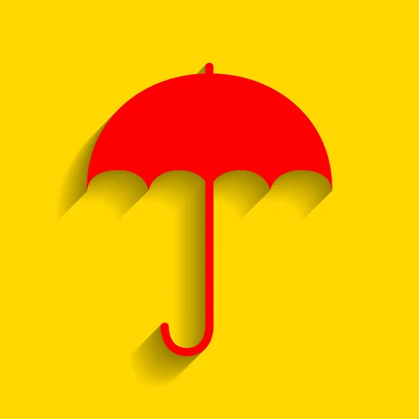 Paraply tecken ikonen. Regn skydd symbol. Platt designstil. Vektor. Röd ikon med mjuk skugga på gyllene bakgrund. — Stock vektor