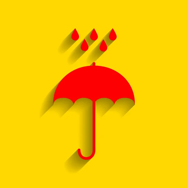 Parapluie avec gouttes d'eau. Symbole de protection pluie. Style design plat. Vecteur. Icône rouge avec ombre douce sur fond doré . — Image vectorielle