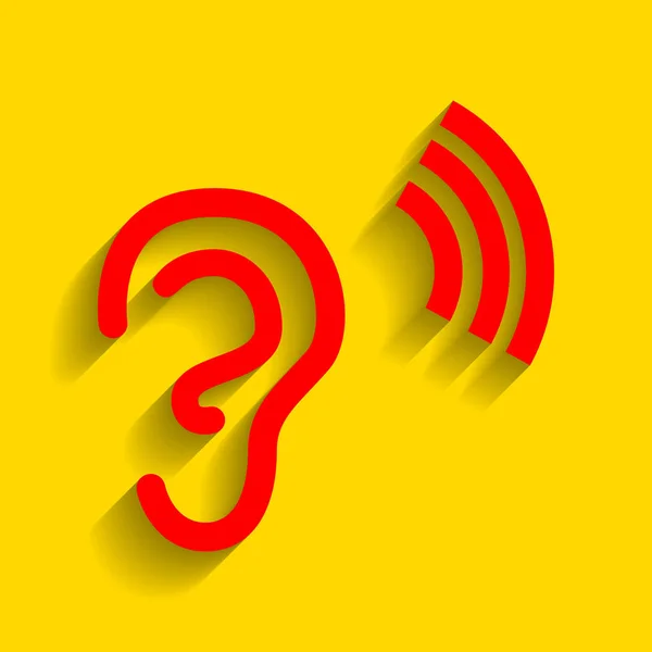 Segno dell'orecchio umano. Vettore. Icona rossa con morbida ombra su sfondo dorato . — Vettoriale Stock