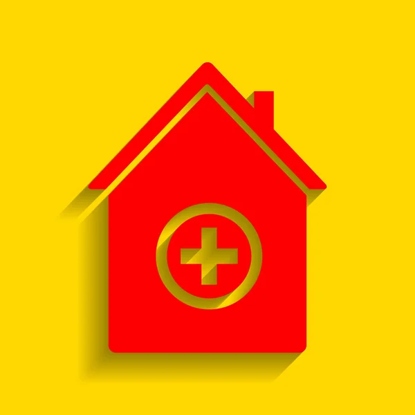 Illustrazione del segno dell'ospedale. Vettore. Icona rossa con morbida ombra su sfondo dorato . — Vettoriale Stock