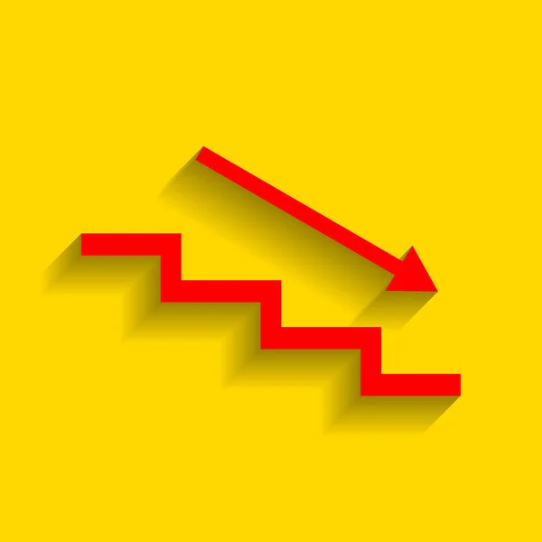 Escalera abajo con flecha. Vector. Icono rojo con sombra suave sobre fondo dorado . — Vector de stock