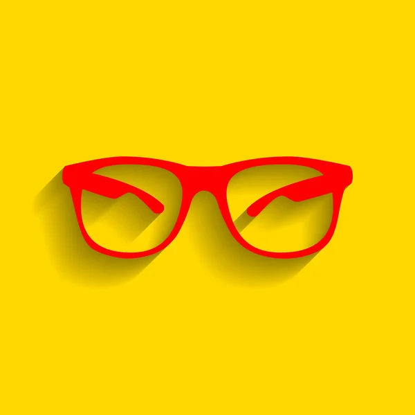 Gafas de sol signo ilustración. Vector. Icono rojo con sombra suave sobre fondo dorado . — Archivo Imágenes Vectoriales