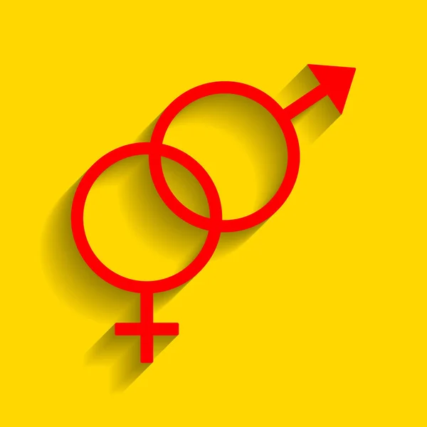 Σημάδι σύμβολο του σεξ. Διάνυσμα. Κόκκινο εικονίδιο με απαλή σκιά σε χρυσό φόντο. — Διανυσματικό Αρχείο