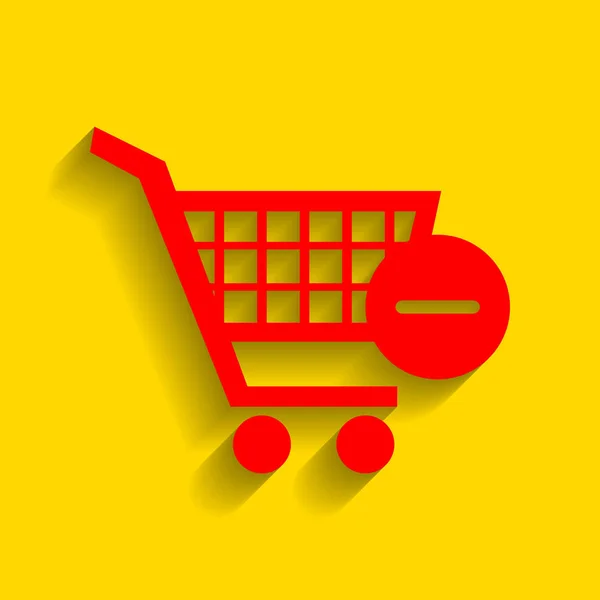 Vector Carro de compras con Eliminar signo. Vector. Icono rojo con sombra suave sobre fondo dorado . — Archivo Imágenes Vectoriales