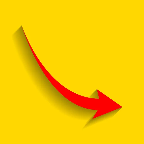Declining arrow sign. Vector. Red icon with soft shadow on golden background. — Stock Vector