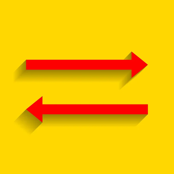 Pijl eenvoudige teken. Vector. Rode pictogram met zachte schaduw op gouden achtergrond. — Stockvector