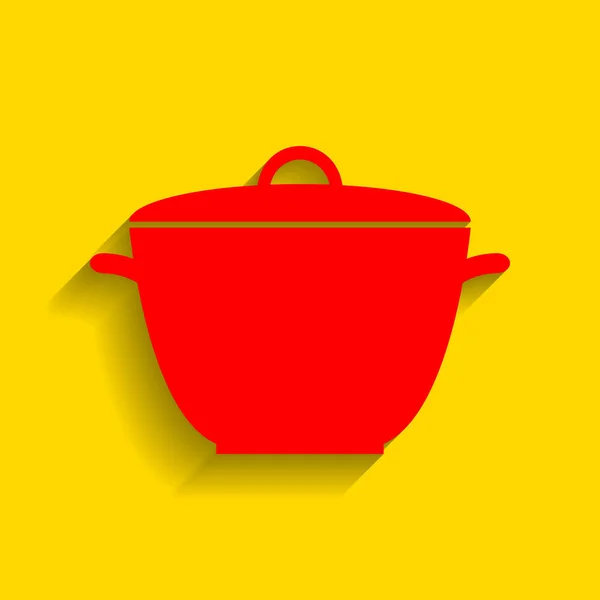 Saucepan simple sign. Vector. Red icon with soft shadow on golden background. — Stock Vector