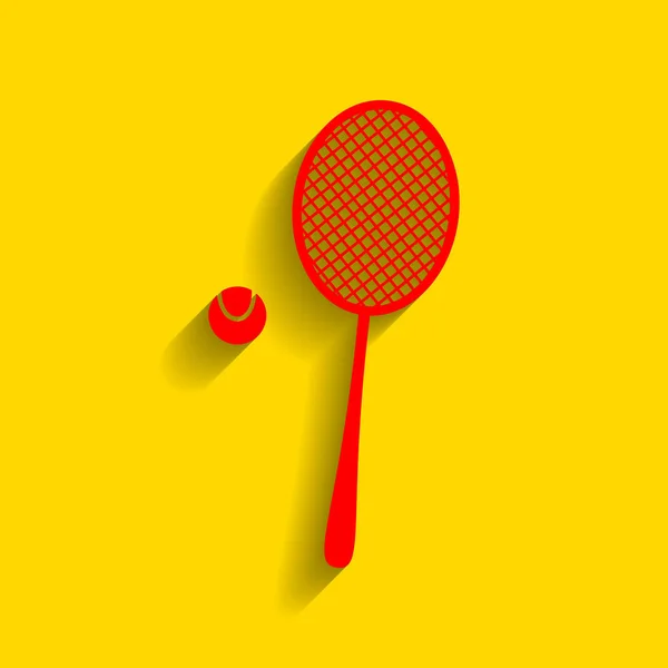 Panneau de raquette de tennis. Vecteur. Icône rouge avec ombre douce sur fond doré . — Image vectorielle