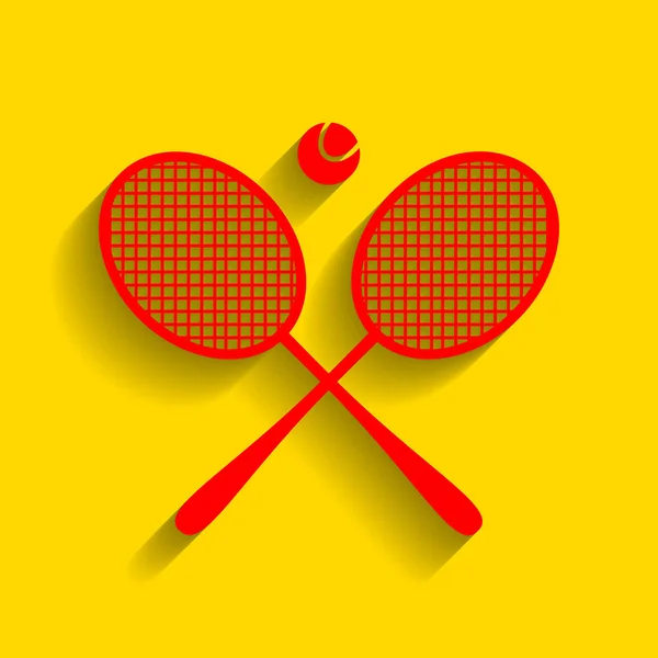 Знак теннисной ракетки. Вектор. Красный значок с мягкой тенью на золотом фоне . — стоковый вектор