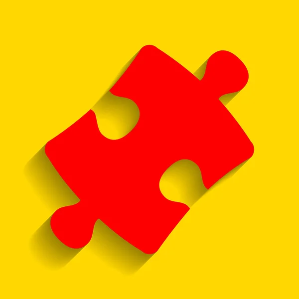 Puzzle segno pezzo. Vettore. Icona rossa con morbida ombra su sfondo dorato . — Vettoriale Stock