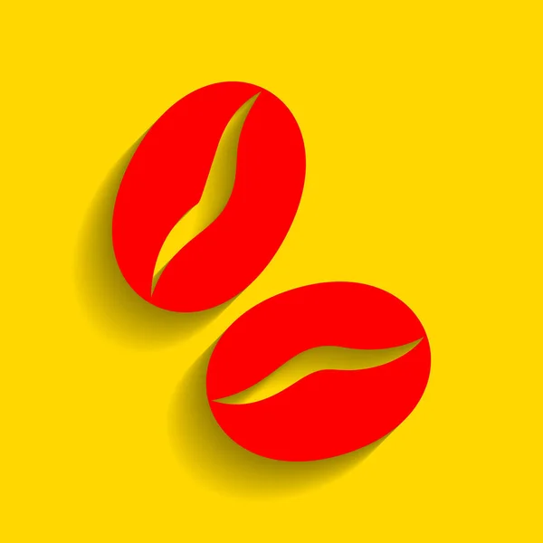 Des grains de café. Vecteur. Icône rouge avec ombre douce sur fond doré . — Image vectorielle