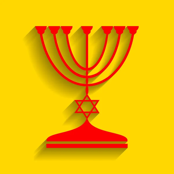 Jewish Menorah candlestick in black silhouette. Vector. Red icon with soft shadow on golden background. — Stock Vector
