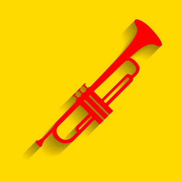 Instrument de musique Trompette signe. Vecteur. Icône rouge avec ombre douce sur fond doré . — Image vectorielle