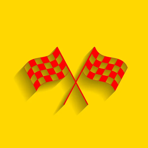 Crossed checkered flags logo waving in the wind conceptual of motor sport. Vector. Red icon with soft shadow on golden background. — Stock Vector