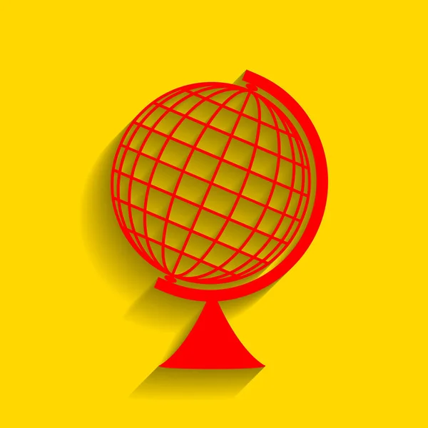 Sinal do Globo da Terra. Vector. Ícone vermelho com sombra suave no fundo dourado . —  Vetores de Stock