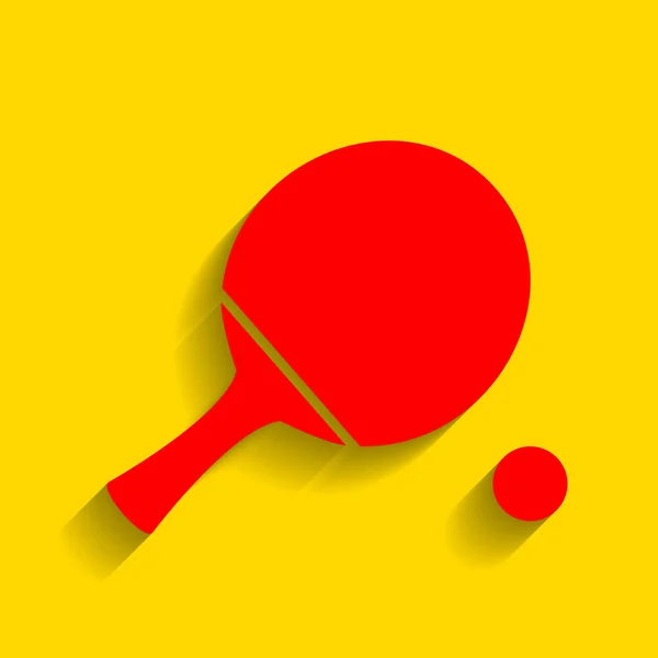 Paleta de ping pong con pelota. Vector. Icono rojo con sombra suave sobre fondo dorado . — Vector de stock