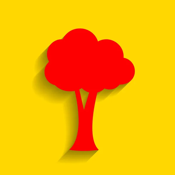 Signo de árbol ilustración. Vector. Icono rojo con sombra suave sobre fondo dorado . — Vector de stock