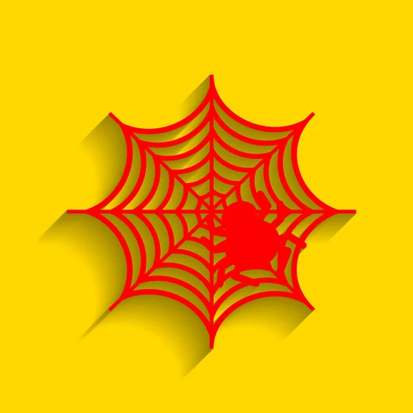 Spider on web illustration Vector. Icona rossa con morbida ombra su sfondo dorato . — Vettoriale Stock