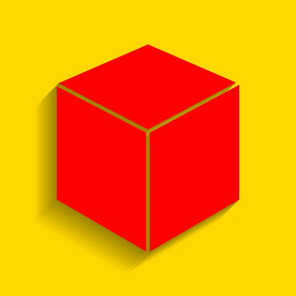 Ilustración del signo del cubo. Vector. Icono rojo con sombra suave sobre fondo dorado . — Vector de stock