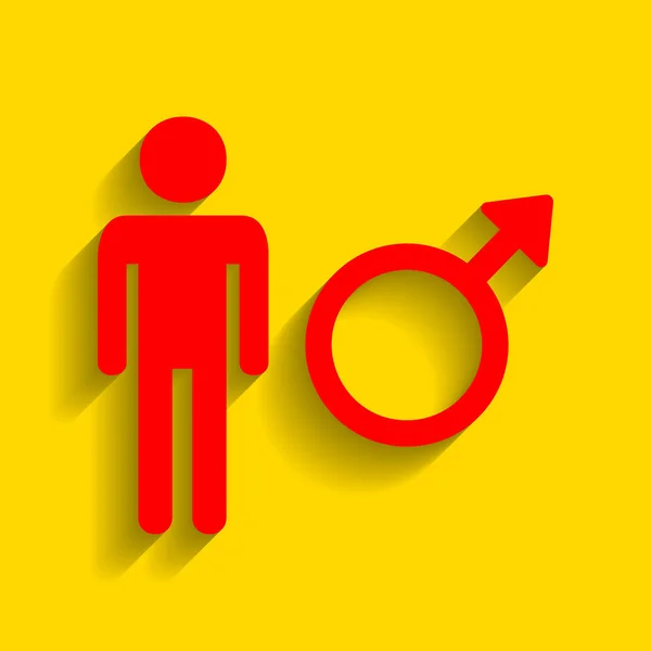 Illustration de signe masculin. Vecteur. Icône rouge avec ombre douce sur fond doré . — Image vectorielle