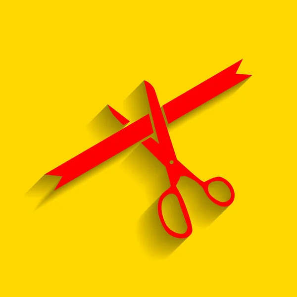 Signo de corte de cinta de ceremonia. Vector. Icono rojo con sombra suave sobre fondo dorado . — Vector de stock