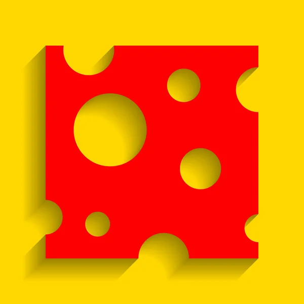 Signo de rebanada de queso. Vector. Icono rojo con sombra suave sobre fondo dorado . — Archivo Imágenes Vectoriales