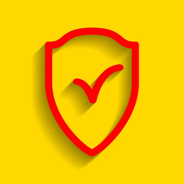 Segno scudo come simbolo di protezione e assicurazione Vettore. Icona rossa con morbida ombra su sfondo dorato . — Vettoriale Stock