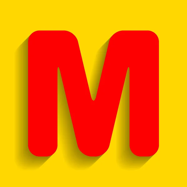 Písmeno M znak design prvek šablony. Vektor. Červená ikona s měkký stín na zlaté pozadí. — Stockový vektor