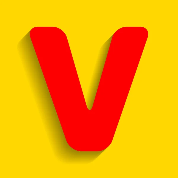 Элемент шаблона оформления знака буквы V. Вектор. Красный значок с мягкой тенью на золотом фоне . — стоковый вектор