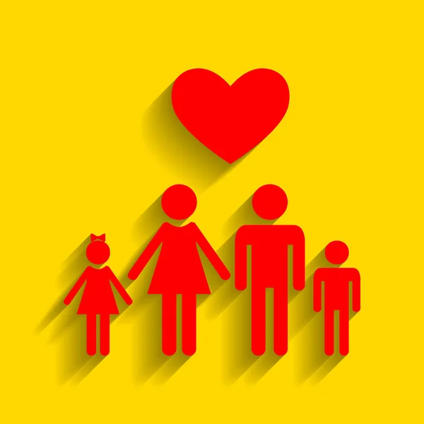 Familie symbool met hart. Man en vrouw zijn hield childrens handen. Liefde. Vector. Rode pictogram met zachte schaduw op gouden achtergrond. — Stockvector