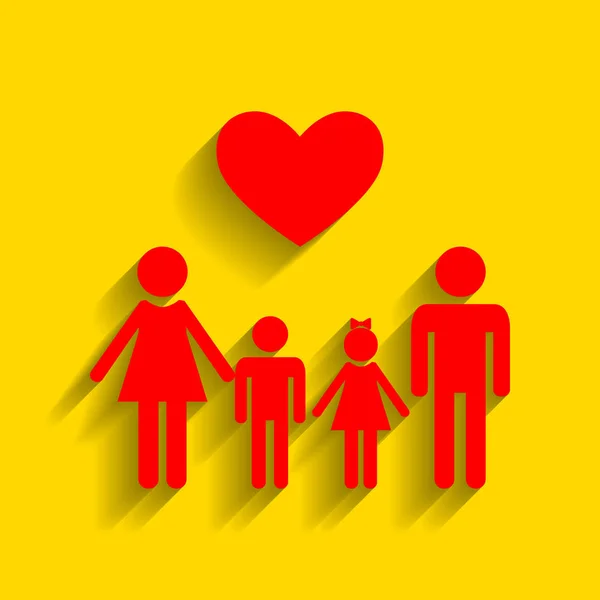 Familie symbool met hart. Man en vrouw zijn hield childrens handen. Vector. Rode pictogram met zachte schaduw op gouden achtergrond. — Stockvector