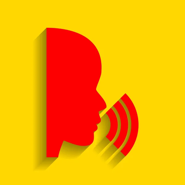 Des gens qui parlent ou chantent. Vecteur. Icône rouge avec ombre douce sur fond doré . — Image vectorielle