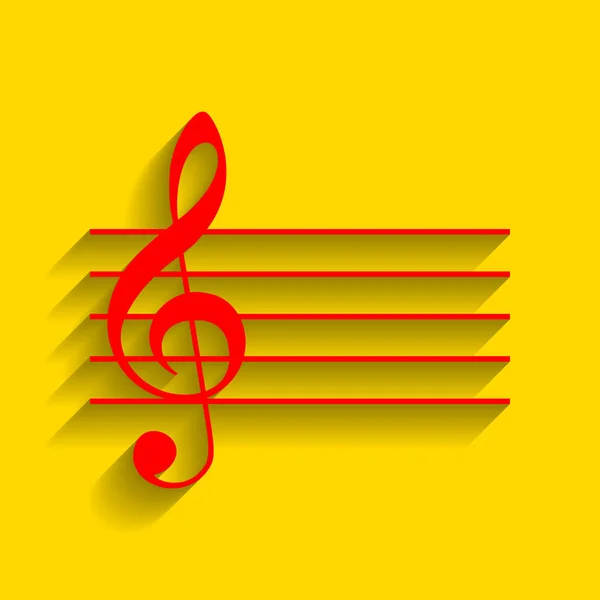 音楽ヴァイオリン記号記号。ト音記号。ベクトル。金色の背景にソフト シャドウの付いた赤いアイコン. — ストックベクタ