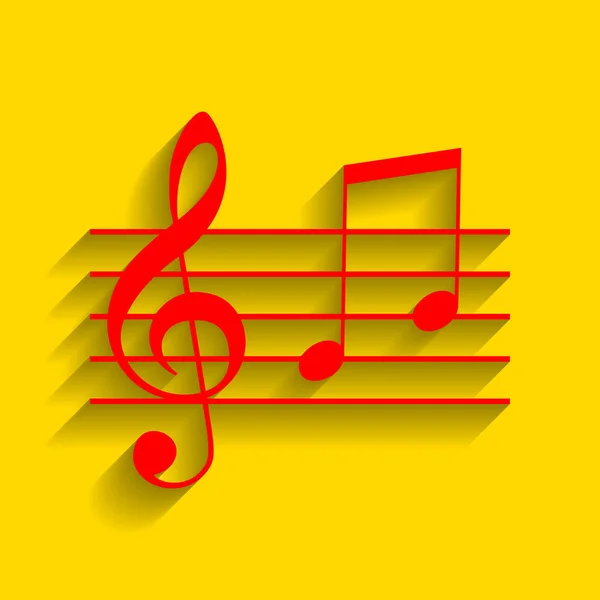 Signo de violino de música. G-clef e notas G, H. Vector. Ícone vermelho com sombra suave no fundo dourado . — Vetor de Stock