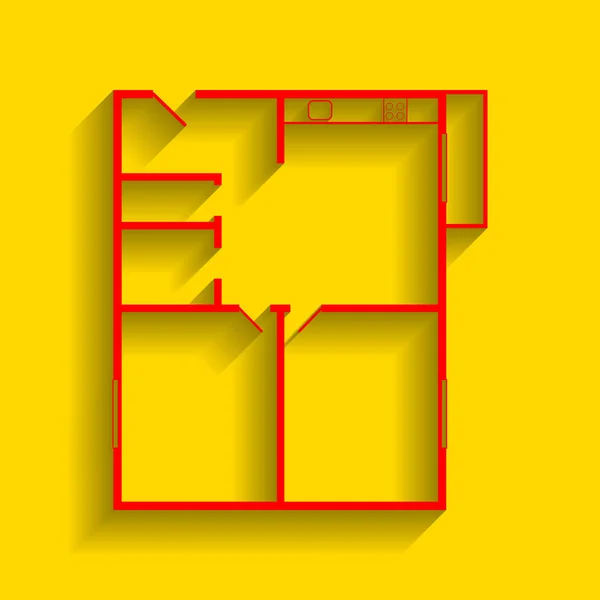 Wohnhaus Grundrisse. Vektor. rotes Symbol mit weichem Schatten auf goldenem Hintergrund. — Stockvektor