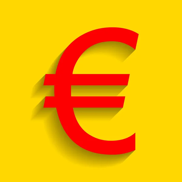 Euro sign. Vector. Red icon with soft shadow on golden background. — Stock Vector