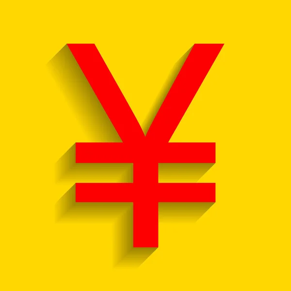 Signo de yen. Vector. Icono rojo con sombra suave sobre fondo dorado . — Vector de stock