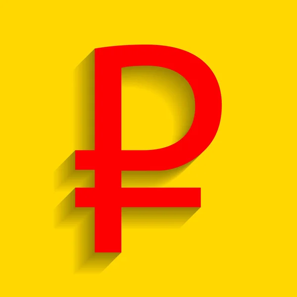 Signo de rublo. Vector. Icono rojo con sombra suave sobre fondo dorado . — Archivo Imágenes Vectoriales
