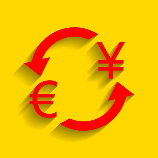 Signo de cambio de divisas. Euro y Japón Yen. Vector. Icono rojo con sombra suave sobre fondo dorado . — Vector de stock