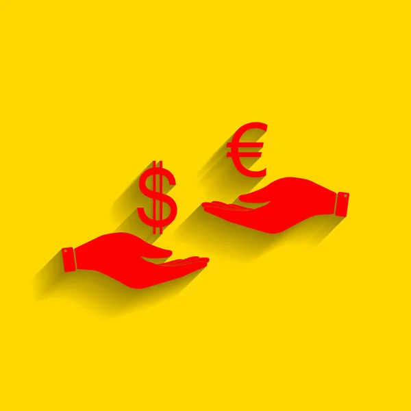 Currency exchange from hand to hand. Dollar adn Euro. Vector. Red icon with soft shadow on golden background. — Stock Vector